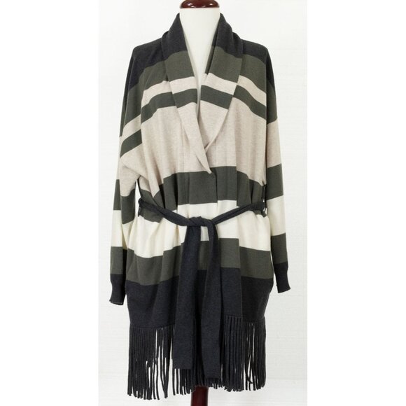 $4495 BRUNELLO CUCINELLI CASHMERE STRIPED BELTED CARDIGAN FRING BOTTOM - Picture 1 of 8